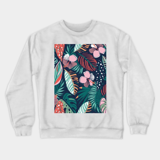 Moody tropical night // pattern // oxford blue background coral spearmint papaya orange jade and pine green leaves cotton candy pink and dry rose hibiscus flowers Crewneck Sweatshirt by SelmaCardoso